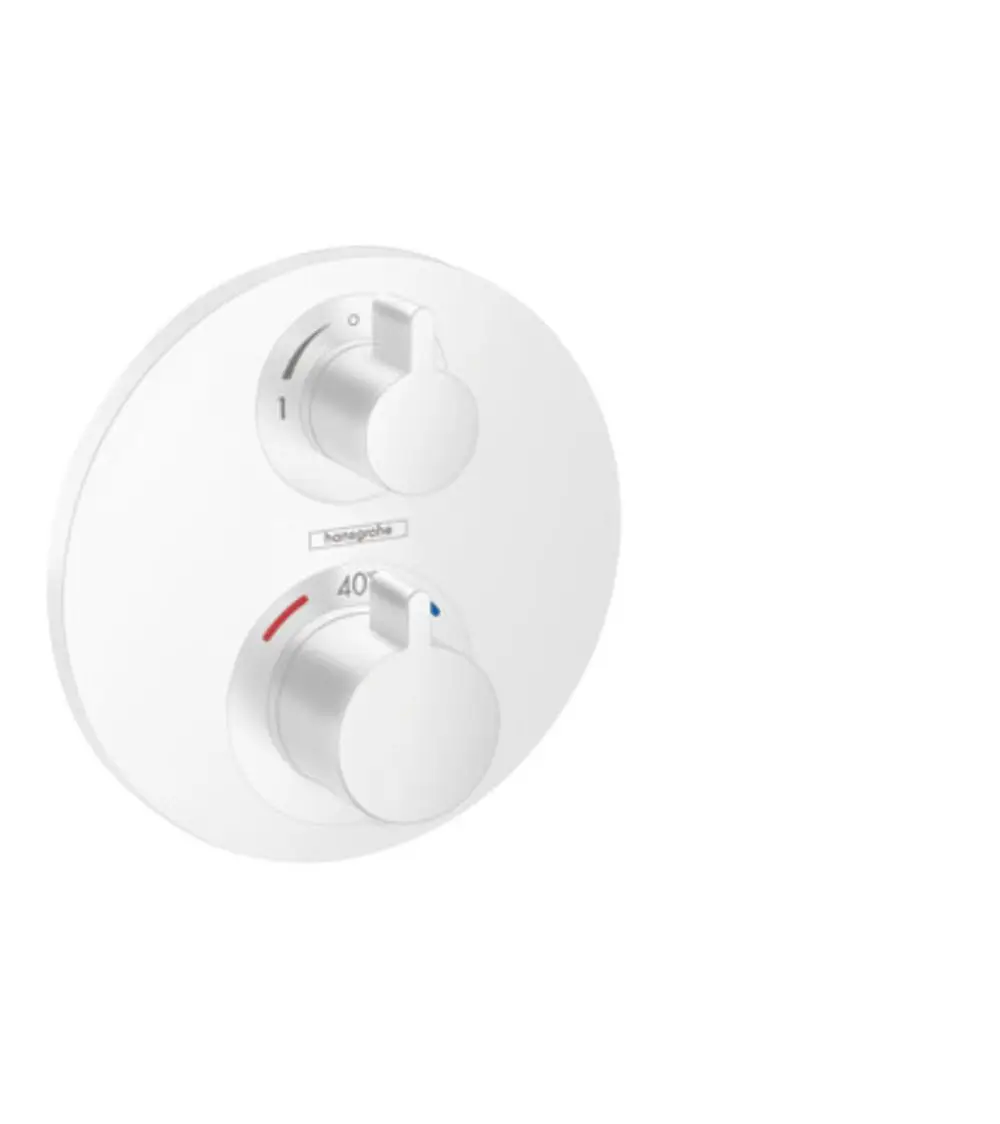 Weißes Thermostat von Hansgrohe mit zwei Drehknöpfen zur Temperatur- und Wasserregelung, montiert auf einer runden Wandplatte.